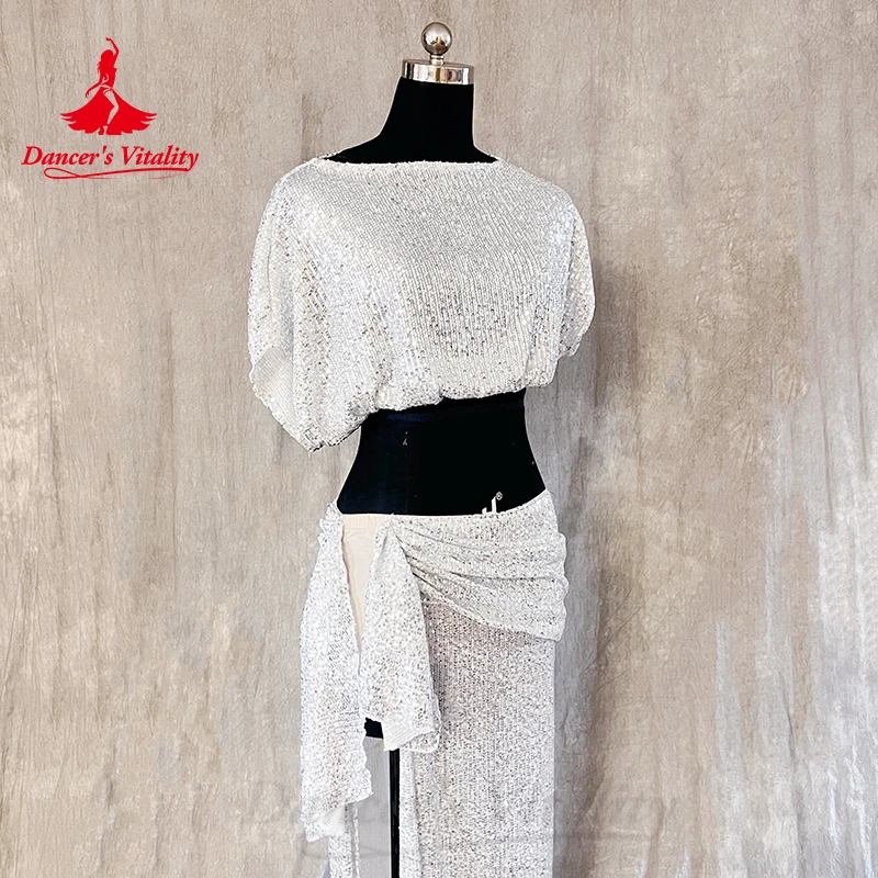 طقم رقص شرقي نسائي ، قميص نوم قصير مزين بالترتر حسب الطلب ، تنورة طويلة منقسمة ، 2-زي أداء شرقي