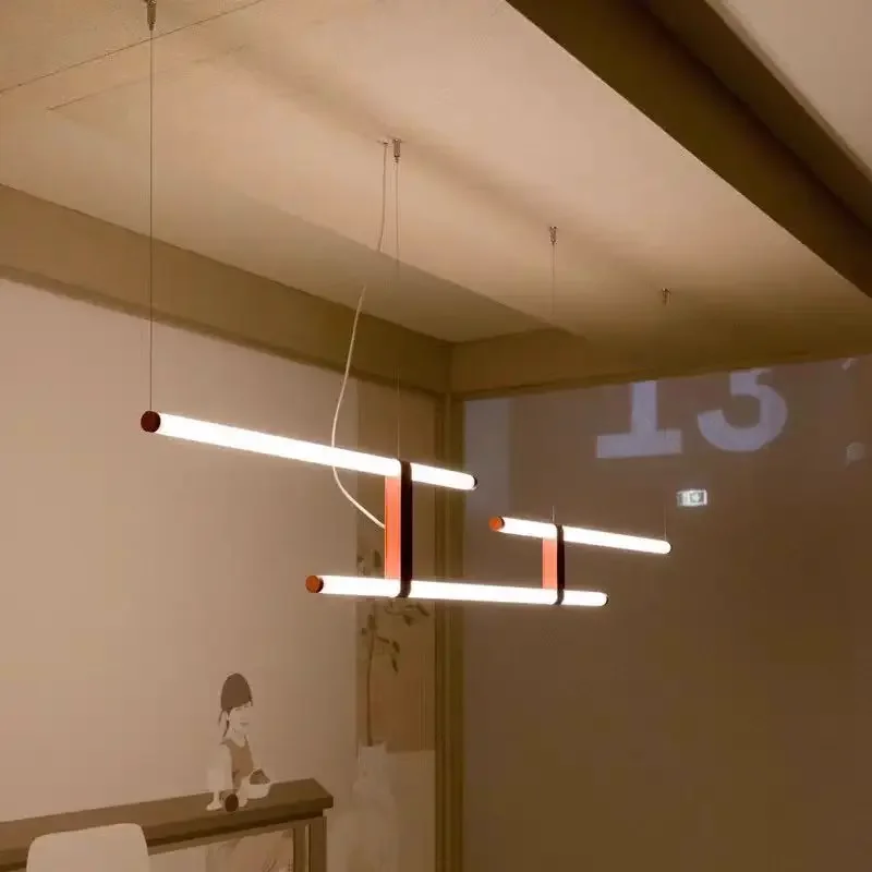 

Minimalist Long Tube Lamp Design Leather Hanging Lights Paralela Led Linear Light Art Lounge Dining Room Decor LED Dimmable Lamp