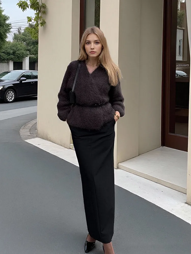 

Модный мохеровый коричневый женский кардиган с v-образным вырезом и длинными рукавами, однотонный вязаный свитер, женская осенне-зимняя повседневная верхняя одежда 2025