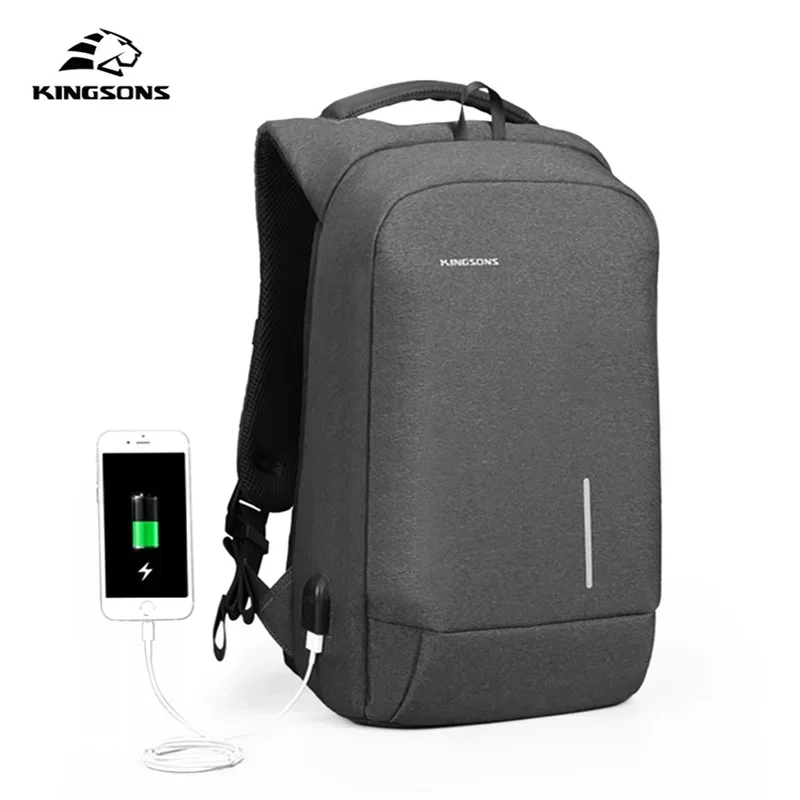 Kingsons ransel Laptop pria, ransel multifungsi pengisian daya USB 13 15 inci anti-maling untuk lelaki