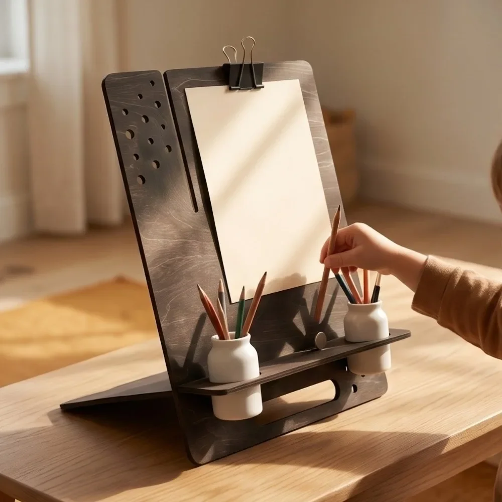 Multifunctional Wooden Table Easel Ornament with Tool Storage Decorative Rack Art Sketch Stand with Pen Holder Steadying Sturdy
