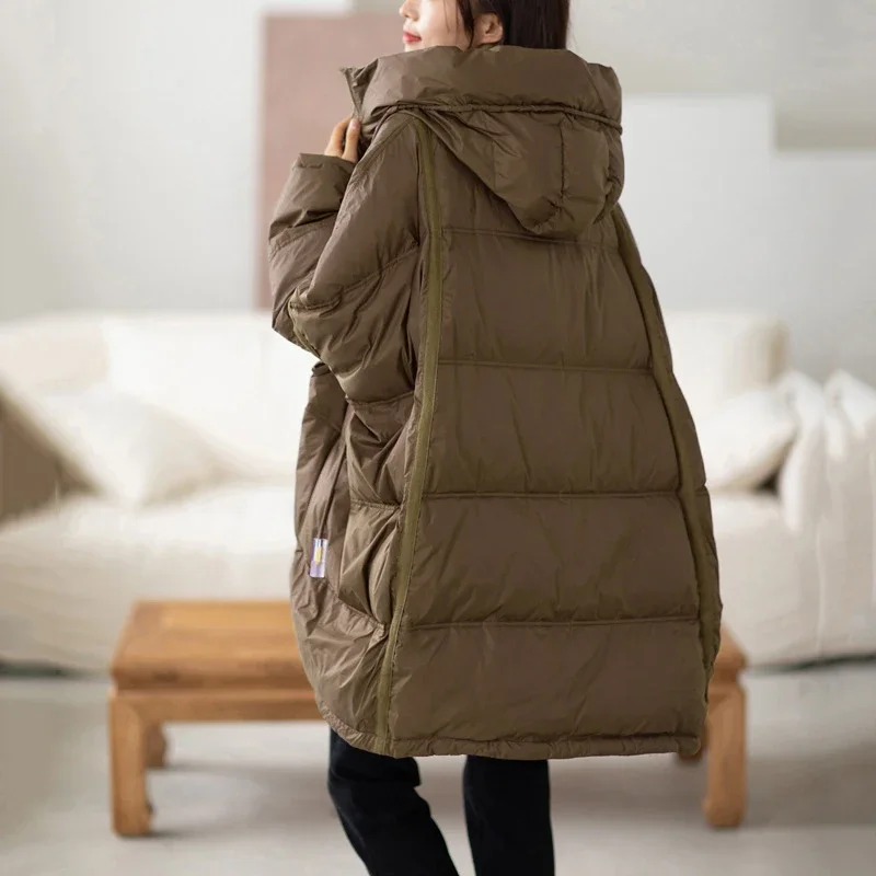 2023 New Winter Women 90% White Duck Down Jacket Casual Loose Over Size Warm Parka Female Drawstring Hooded Puffer Coat