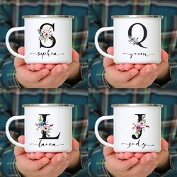 Caneca Esmalte Letra Preta, 26 Iniciais, Impressão Flor Roxa, Copos De Café Criativos, Copo De Viagem, Presentes Personalizados, Cupshe Drinkware Canecas