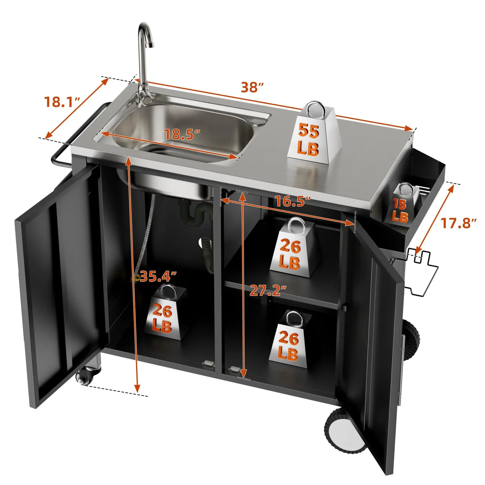 Outdoor Grill Table with 304 Stainl Steel Sink and Storage Cabinet, Mobile Grill Cart with Lockable Wheels, Spice Rack