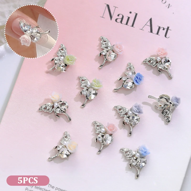 Mini Papillon 3D en Alliage de Clip, Strass en Forme de Camélia, Diamant Brcorporelle Jolie tu, Décorations Astronomiques pour Nail Art, 5 Pièces