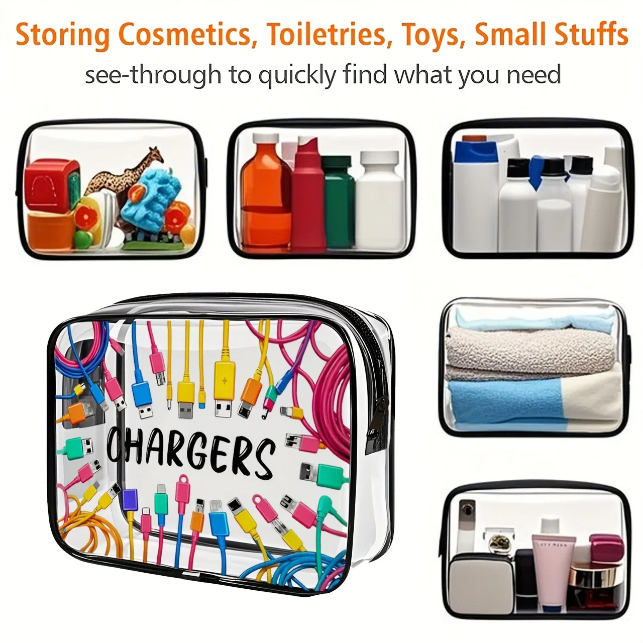 قطعة واحدة من حقيبة أدوات الزينة الشفافة المطبوعة من جانب واحد، منظم مستحضرات التجميل المحمول للسفر في الهواء الطلق مع حقيبة تخزين سميكة من مادة PVC