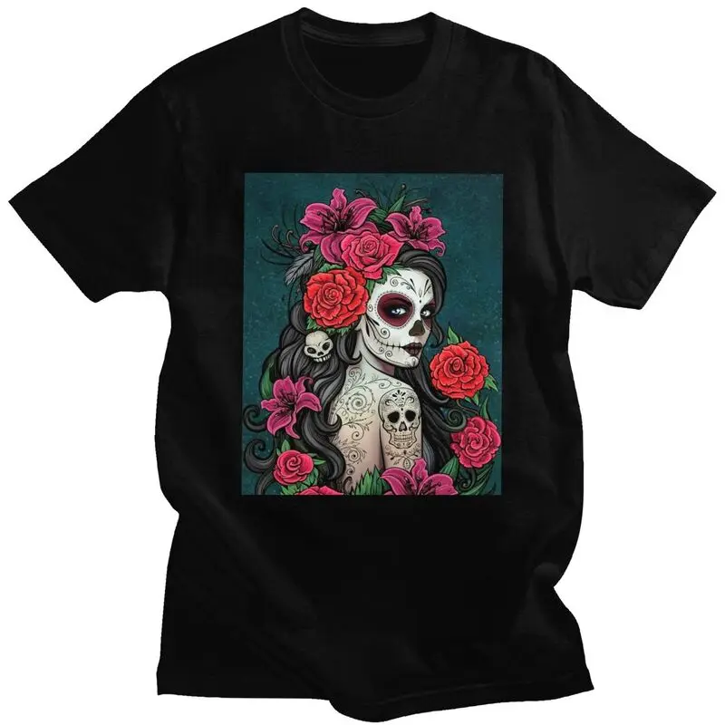 Custom Mexican Catrina Sugar Skull Lady Tshirts for Men Short Sleeve Casual T Shirt T-shirt Pure Cotton Tee Gift