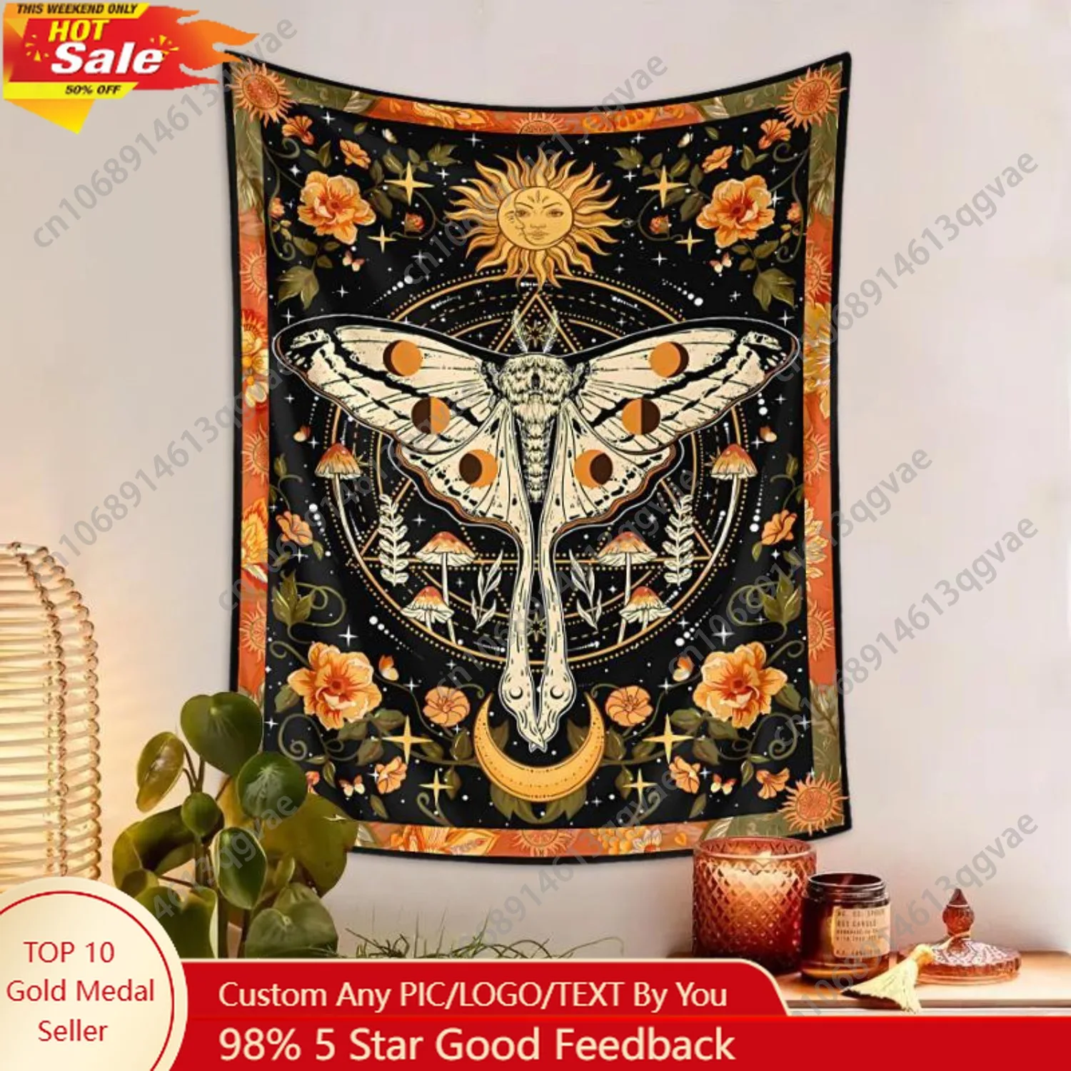 

Bohemian Style Sun & Moon Pattern Tapestry Vintage Flower Pattern Tapestry with Free Installation Accessories Custom Decoration