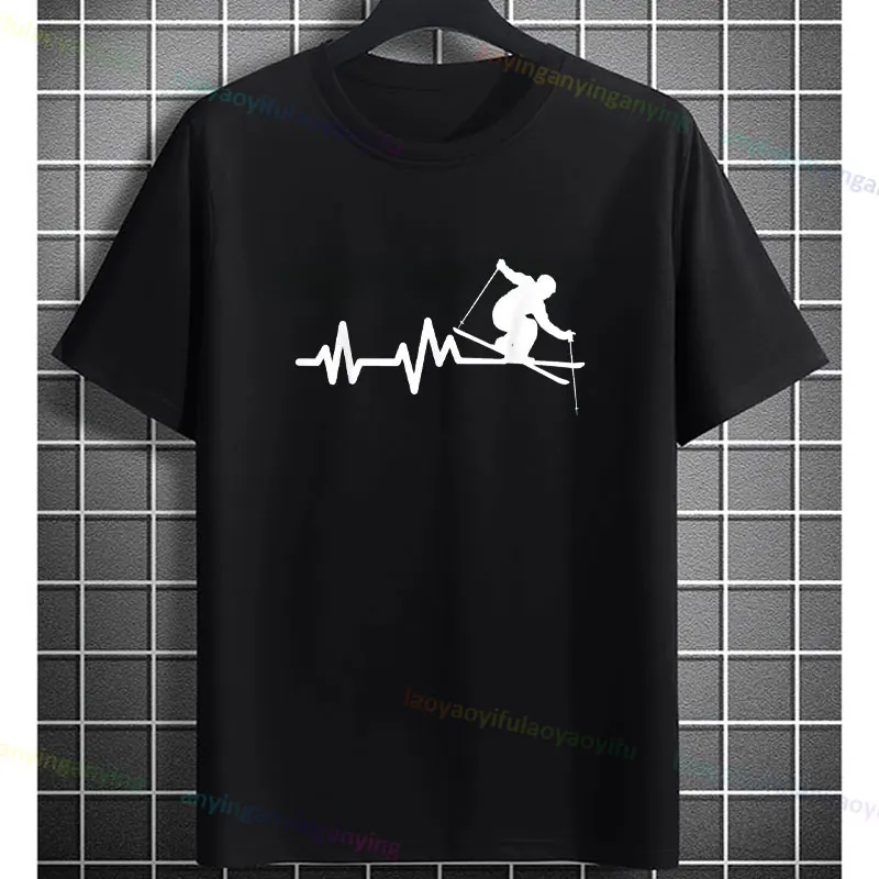 Men's Funny Ski Heartbeat Skier Graphic T-shirt Casual Short-sleev Round Neck Pure Cotton Tee Humor Style Outdoor Clothing