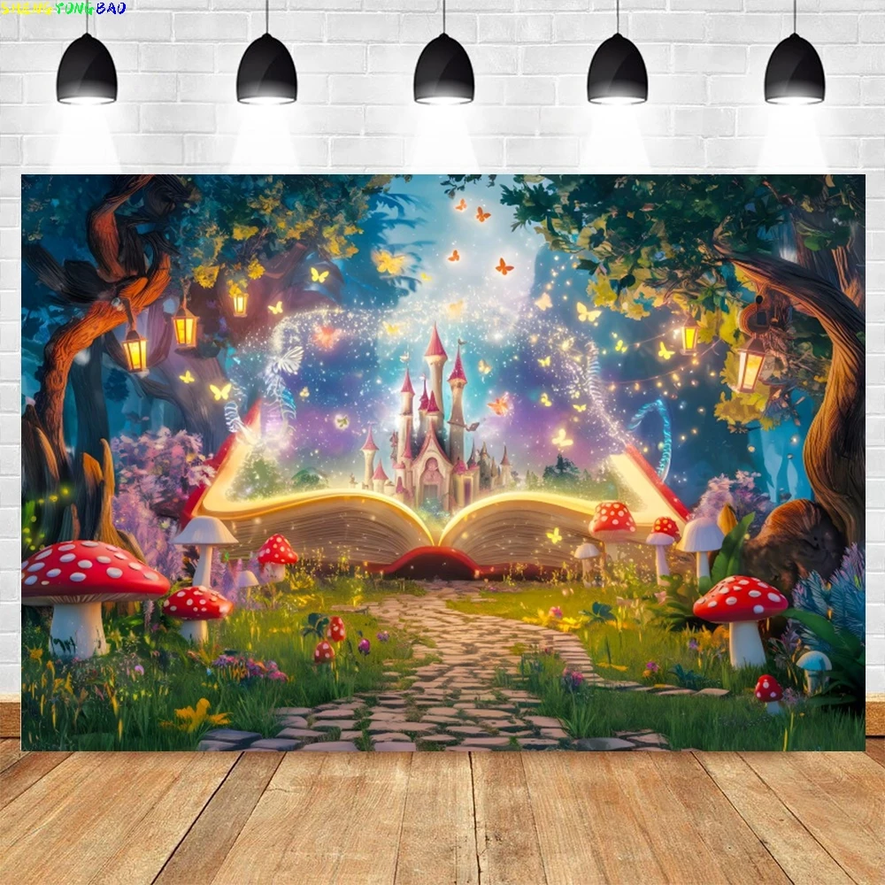 Spring Dream Forest Photography Backdrop Tree House Mushroom Butterfly Elf Party Decoration Baby Girls Birthday Photo Background