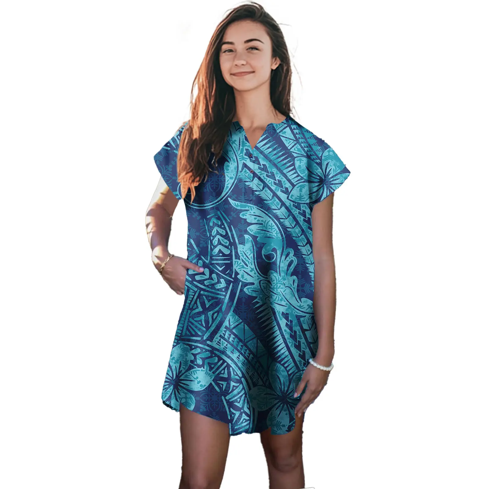 

Hawaii Polynesian Design Puletasi Samoa Fashion Short Sleeve Dress Women Island Dresses Buttons Shirt Ladies Skirt