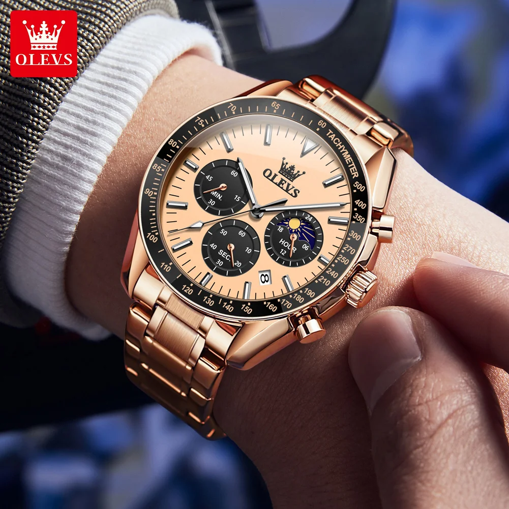 OLEVS 3618 Fashion Chronograph Quartz Watch For Men Moonswatch Calendar Stainless Steel Wristwatch Waterproof Luxury Man Watches