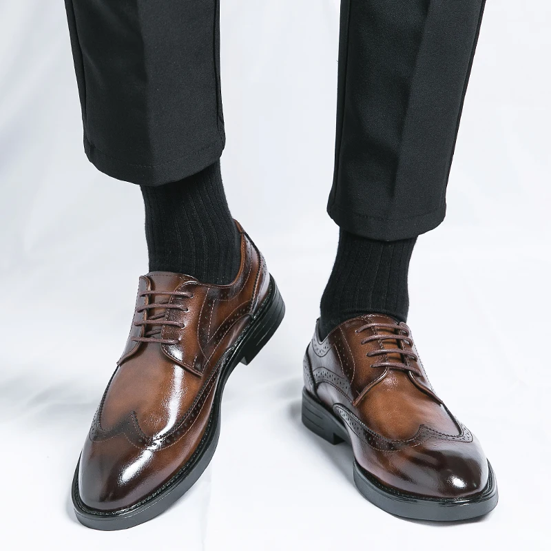 

New Business Formal Blok Shoes Lace Up Pointed Carved Raised Breathable Youthful Casual Comfortable Fashionable Shoes
