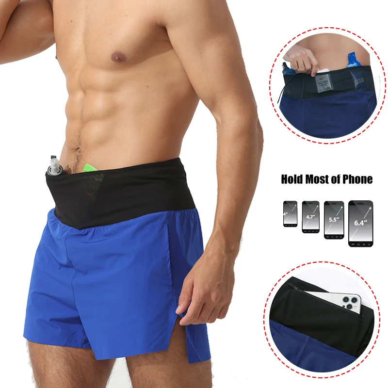 Running Shorts Men 2 In 1 Quick Dry Workout Training Fitness Jogging Multi-Pocket Gym Sports Shorts with Waist Pouch(No Liner)