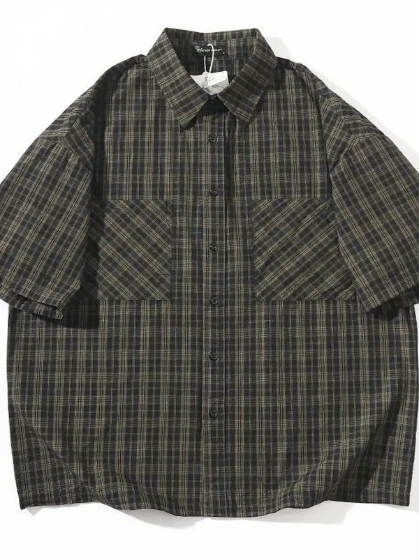 

Classic American Retro Plaid irt ort Sve Men's Summer New Casual Loose Collar irt Lightweight Breathable Menswear