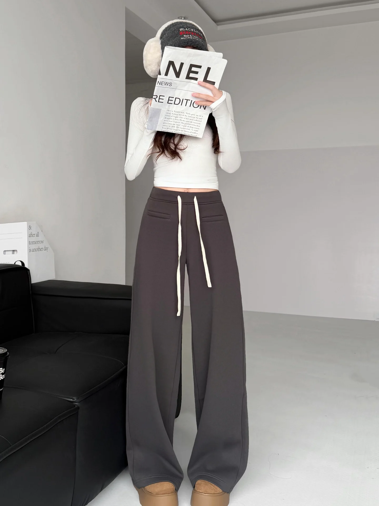 

Женские спортивные брюки на флисовой подкладке с завязками, широкие, повседневные, длинные, с высокой талией, утепленные, из хлопка и полиэстера