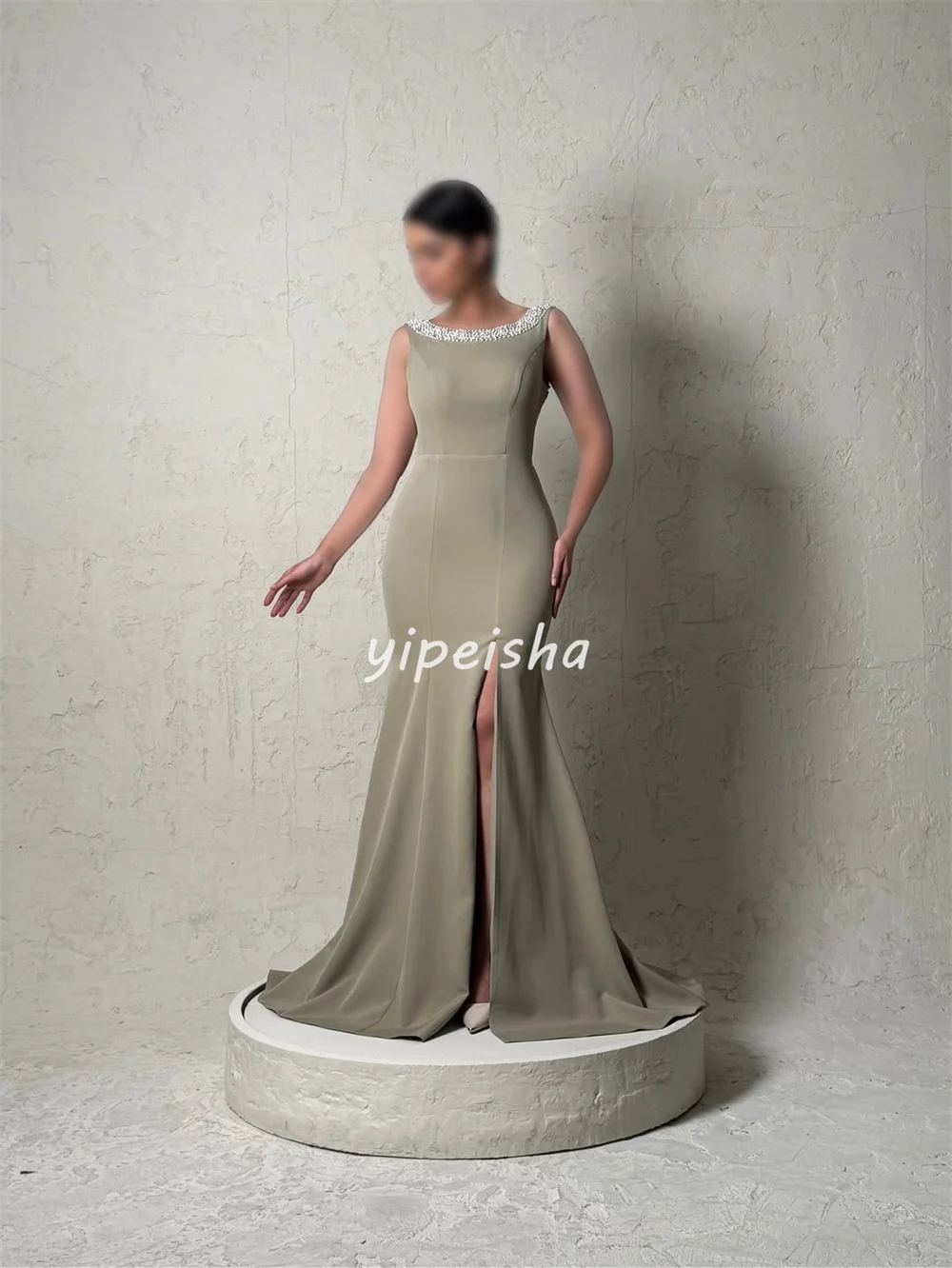 カスタマイズされた高品質のクラシックジャージービーズプリーツマーメイドスクープネックロングドレスオーダーメイドオケージョンドレスマッチングエレガント