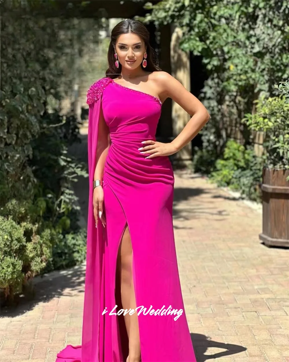 Rose Pink Beaded One Shoulder Prom Dress Sleeveless Shawl Mermaid Side Split Backless Pleated Floor-Length Party Dress Customize