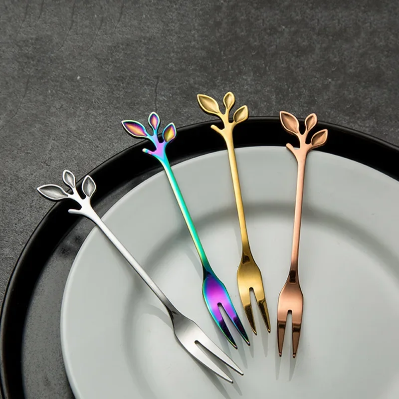 Creative Leaves Dessert Fork Stainless Steel Coffee Stirring Fork Shovel Spoon Dessert Coffee Teaspoon Kitchen Accessory