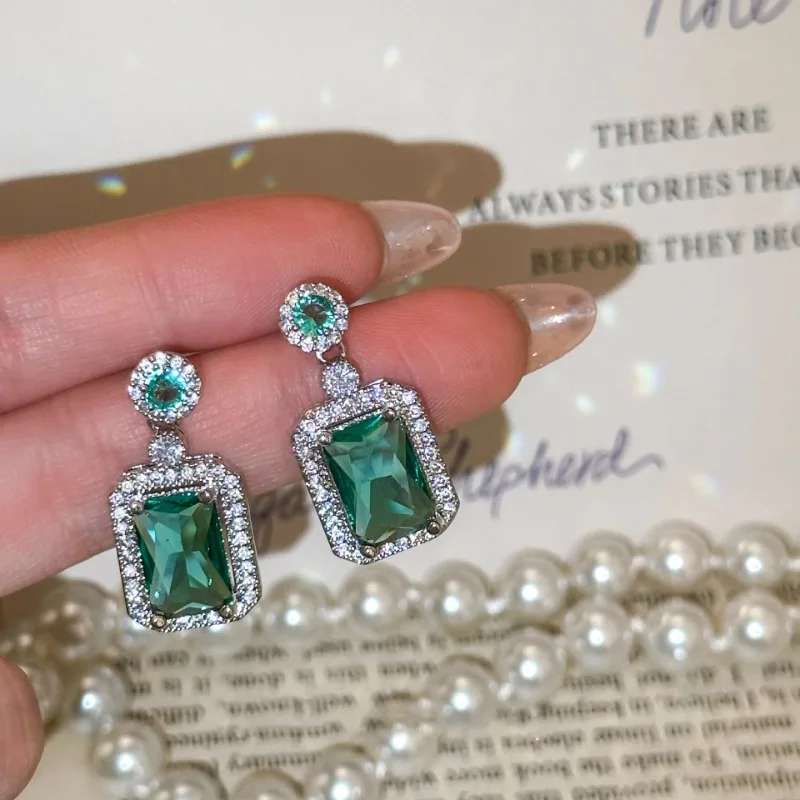 

France Style Light Luxury Emerald Earrings Women Vintage Party Fashion Accessories Dangle Earrings Evening Elegant Jewelry Gifts