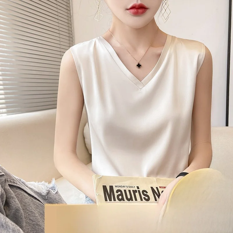 Spring Summer New Arrival V-Neck Silk Satin Vest Sleeveless Top Women's Business Casual Wear Outerwear Regular Length Single ...