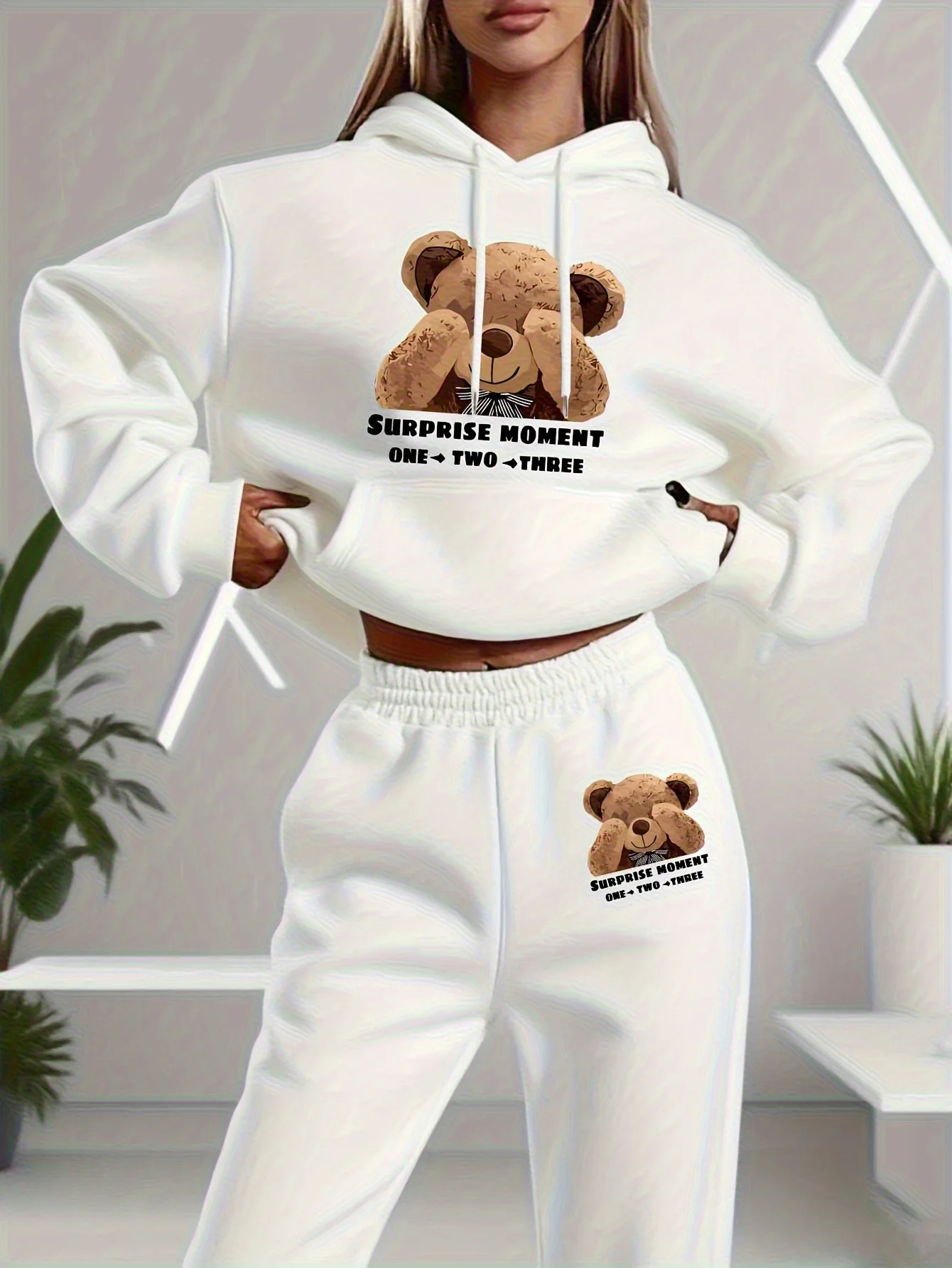 Damen-Set mit Musterdruck, bestehend aus einem Kapuzenpullover und einer langen Hose, lässiger, modischer Damen-Hoodie mit Hose, zweiteilig.