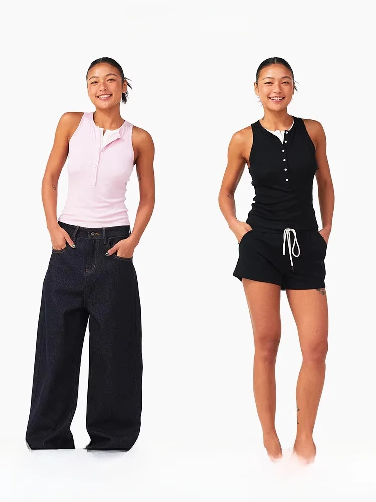 

Age of Ascent Henry Collar Color Blo Silk Vest Bla And Pink Slim Fit Women's Summer Faion Casual Wear Regular Length