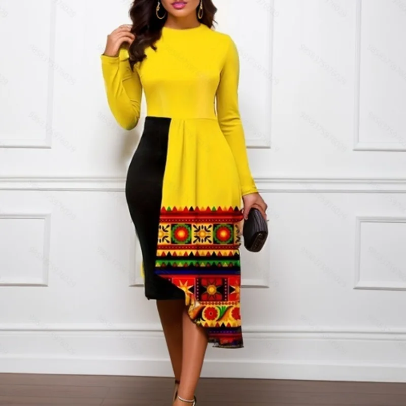 

2024 New Women's Elegant Layered Hip-covering Round Neck Long-sleeved Mid-length Skirt Irregular Splicing Knee-length Dress