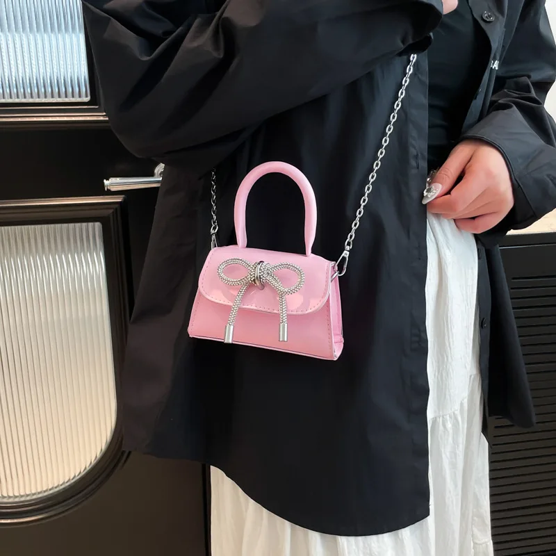 Bolso pequeño de color sólido con diseño de lazo, bolso de hombro de material PU, bandolera con tapa, cartera y bolso de cadena a la moda para mujer