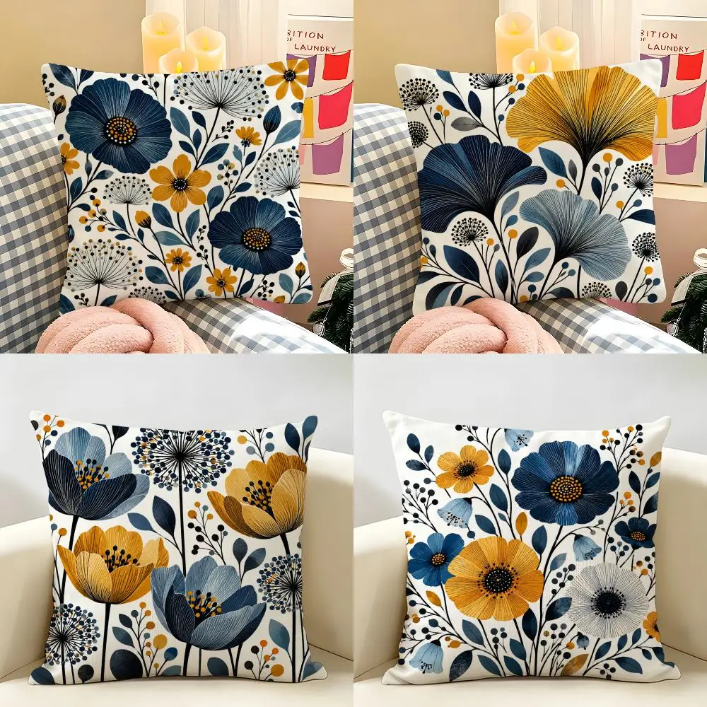 Navy Ochre Linework Florals Variants Cushion Cover Natural Linen Double Sided Print  Throw Pillow Case for Sofa Couch Home Decor