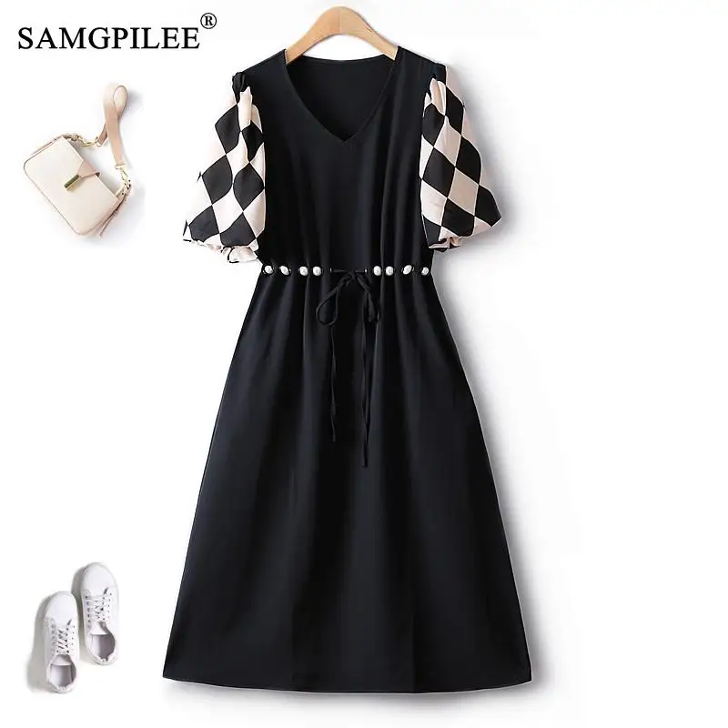 

French Elegant Casual Dresses For Women 2023 Color Contrast Plaid Sleeve Stitching V Neck Drape Chiffon Beaded Female Dress