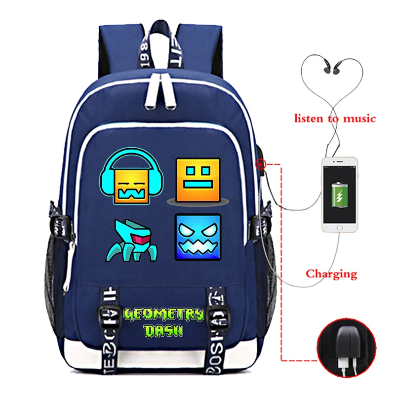 غاضب الهندسة داش الطباعة حقائب الظهر الكرتون لعبة الابتدائية المدرسية للمراهقين مقاوم للماء USB شحن حقيبة كتب Mochlia