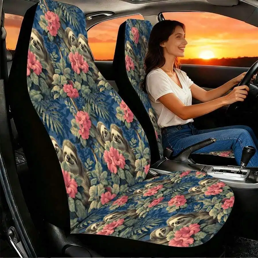 1pc Tropical Sloth And Hibiscus Car Seat Covers Suitable For Front Seats, High Back Design, Material, Suitable For Cars, SUVs