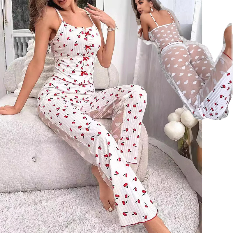 Women Sexy Patchwork Mesh Pajama Set Printed Tank Tops+Elastic Waist Pants Female Hollow Out Lingerie Color Blocking Pajamas Set