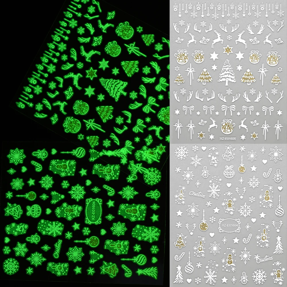 12개입 녹색 야광 눈송이 네일 스티커 샴페인 글리터 축제 패턴 매니큐어