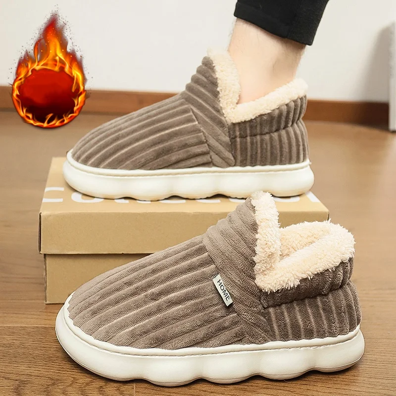 Men's & Women's Couple Winter Full‑Heel‑Cover Snow Slippers, Corduroy Upper Thick Plush Lining, Cloud‑Shaped Thick‑Sole Anti‑Sli