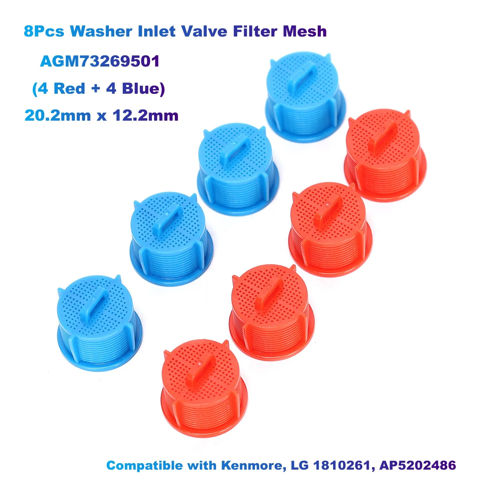 Malla de filtro de válvula de entrada de lavadora de 8 piezas AGM 73269501   (4 Rojo + 4 Azul) 20,2 mm x 12,2 mm Compatible con Kenmore, LG 1810261 , AP 5202486