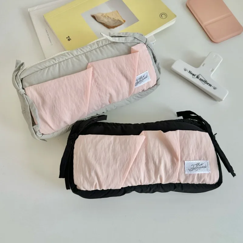 1 Piece Cute Korean Fashion Bow Pencil Case Soft Fabric Casual Large Capacity Stationery Case Portable School Pen Bag Student