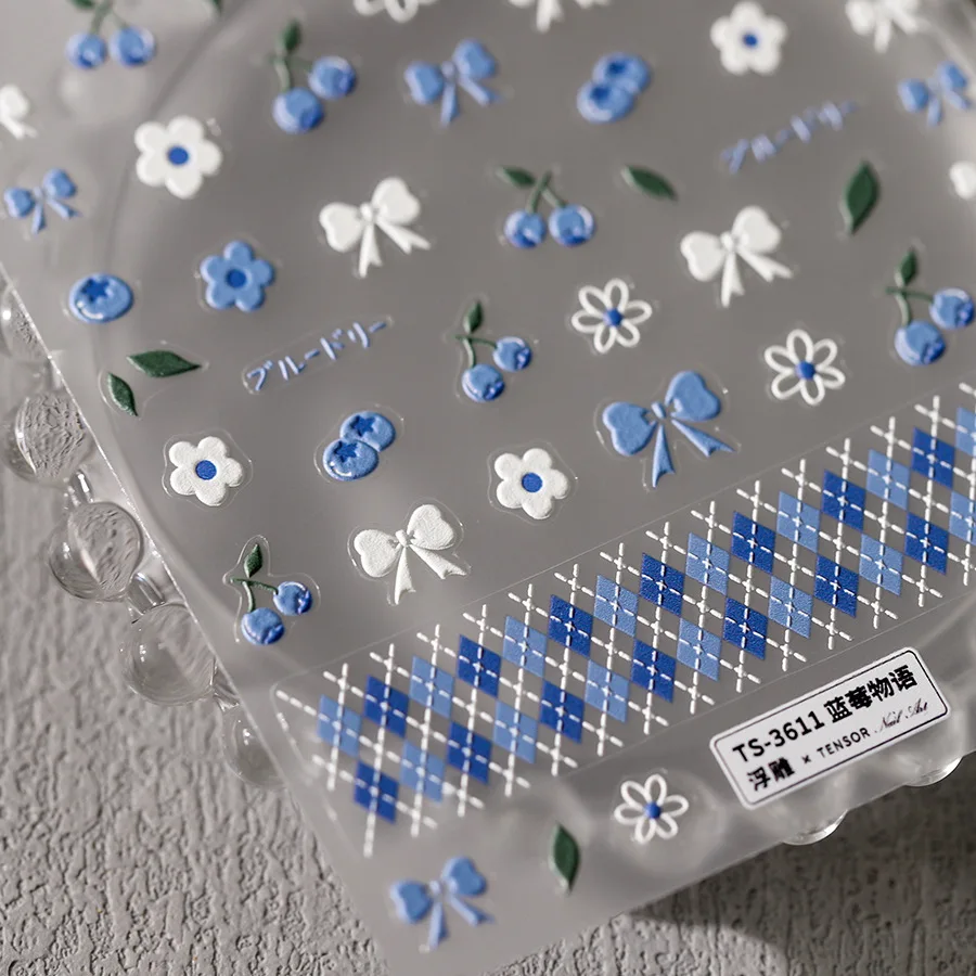 ملصقات أظافر التوت، إكسسوارات أظافر على شكل فيونكة زرقاء وبيضاء، مثالية للفتيات المشهورين وعشاق فن الأظافر. #6