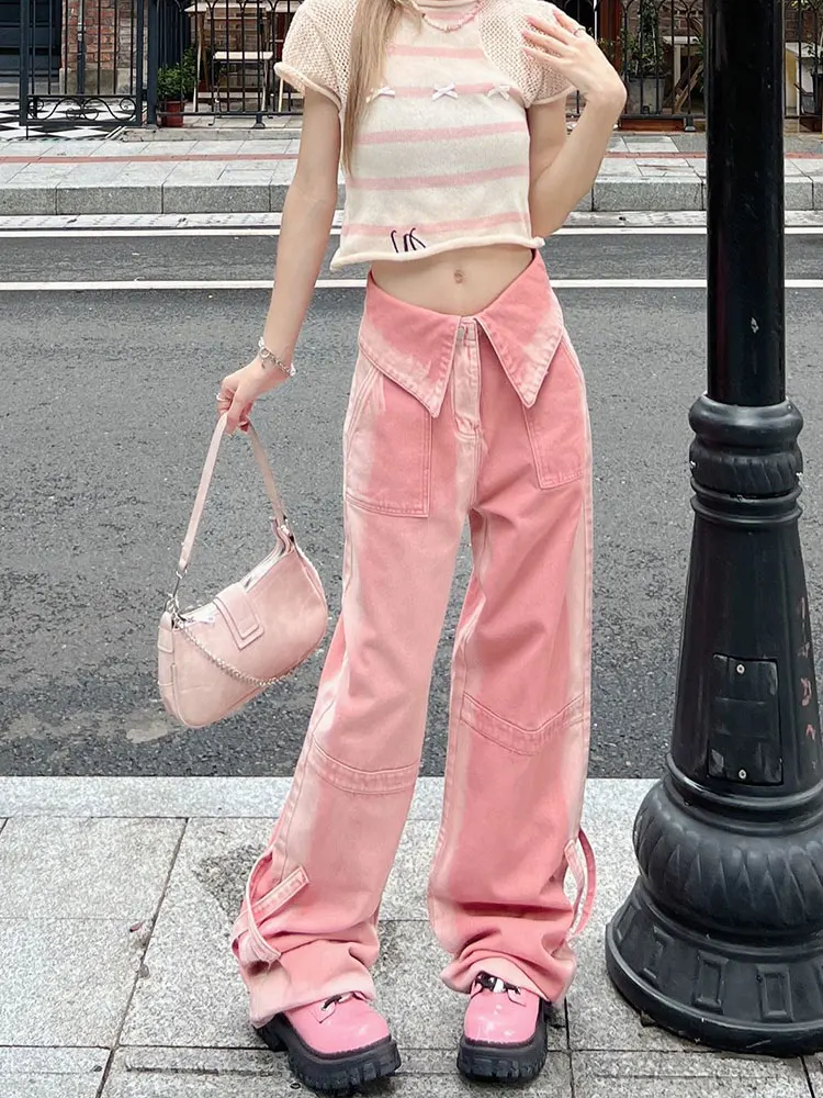 Women Vintage Pink High Waist Cargo Jeans Baggy Harajuku Y2k Cowboy Pants Aesthetic Streetwear Wide Leg Straight Denim Trousers