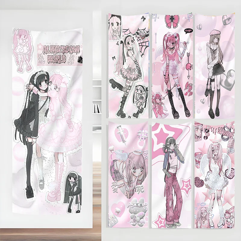 VIKAMA Anime-Mädchen-Wandteppich, Y2K-Ästhetik, Wandbehang für Schlafzimmer, Wohnzimmer, Wohnheim, niedliche rosa Heimdekoration