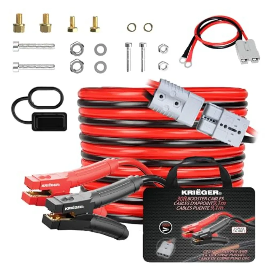 Jumper Cables 100% Pure Copper 30 Feet 2 Gauge 1000 Amp Custom-Made Alligator Clamps Booster Battery Cables w/Permanent Install