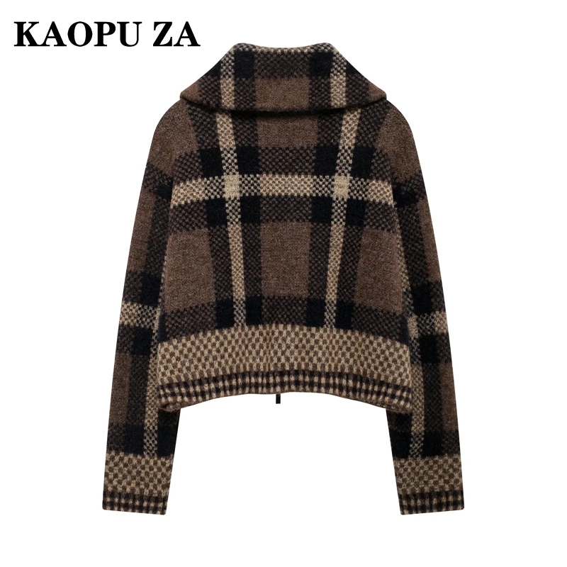 KAOPU ZA 2024 New Autumn/Winter Woman Casual Turn-down Collar Plaid Print Jacket Coat Female Fashion Long Sleeve zipper Knit Top