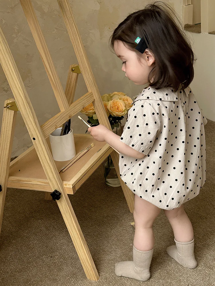 2024 Summer New Baby Girl Dot Casual Bodysuit Cotton Newborn Toddler Peter Pan Collar Jumpsuit Infant Short Sleeve Clothes 0-24M