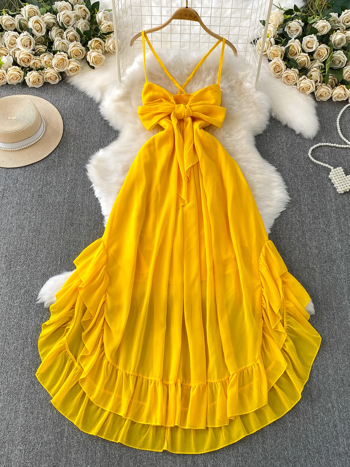 

Женская длинная юбка с высокой талией, желтого цвета, с эффектом осветления кожи, сексуальная, с бретельками, для пляжа