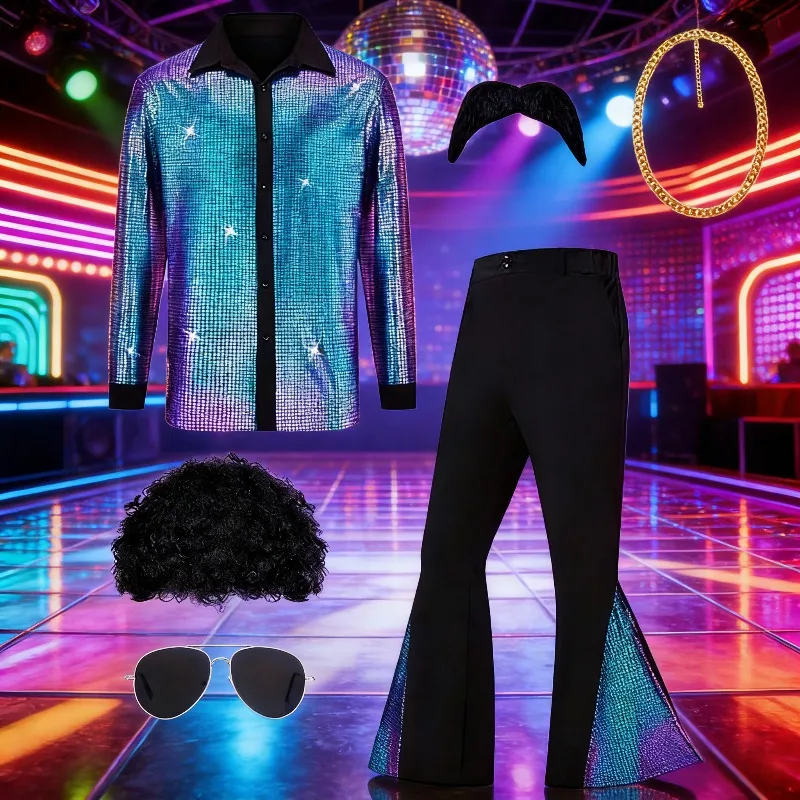 

Мужской комплект для тематической вечеринки в стиле диско — 2026, новая рубашка с коротким рукавом, брюки-клеш, парик, ожерелье, аксессуары