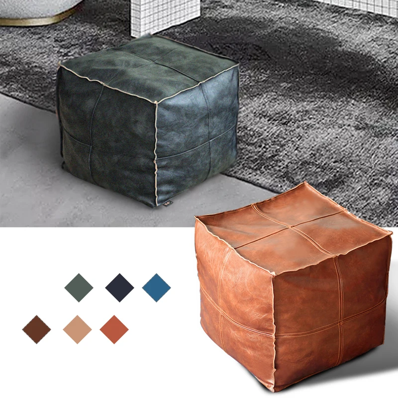 Moroccan PU Leather Pouf Embroider Crafts Sofa Ottoman Cover Footstool Large 45cm Artificial Leather Unstuffed Cushion Covers