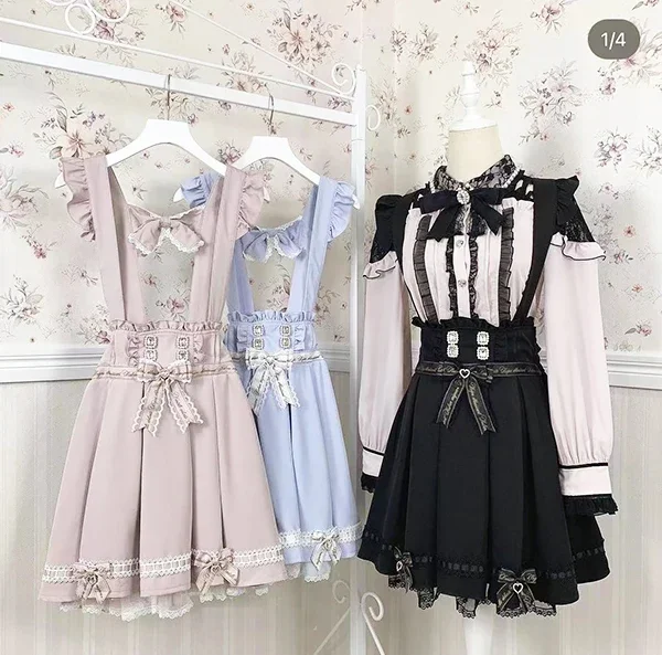 Japanese Liz Sweet Girls Rhienstone Bow Straps Skirt Mine Mass-Produced Detachable Ruffles Suspender Skirt Women Pleated Skirts