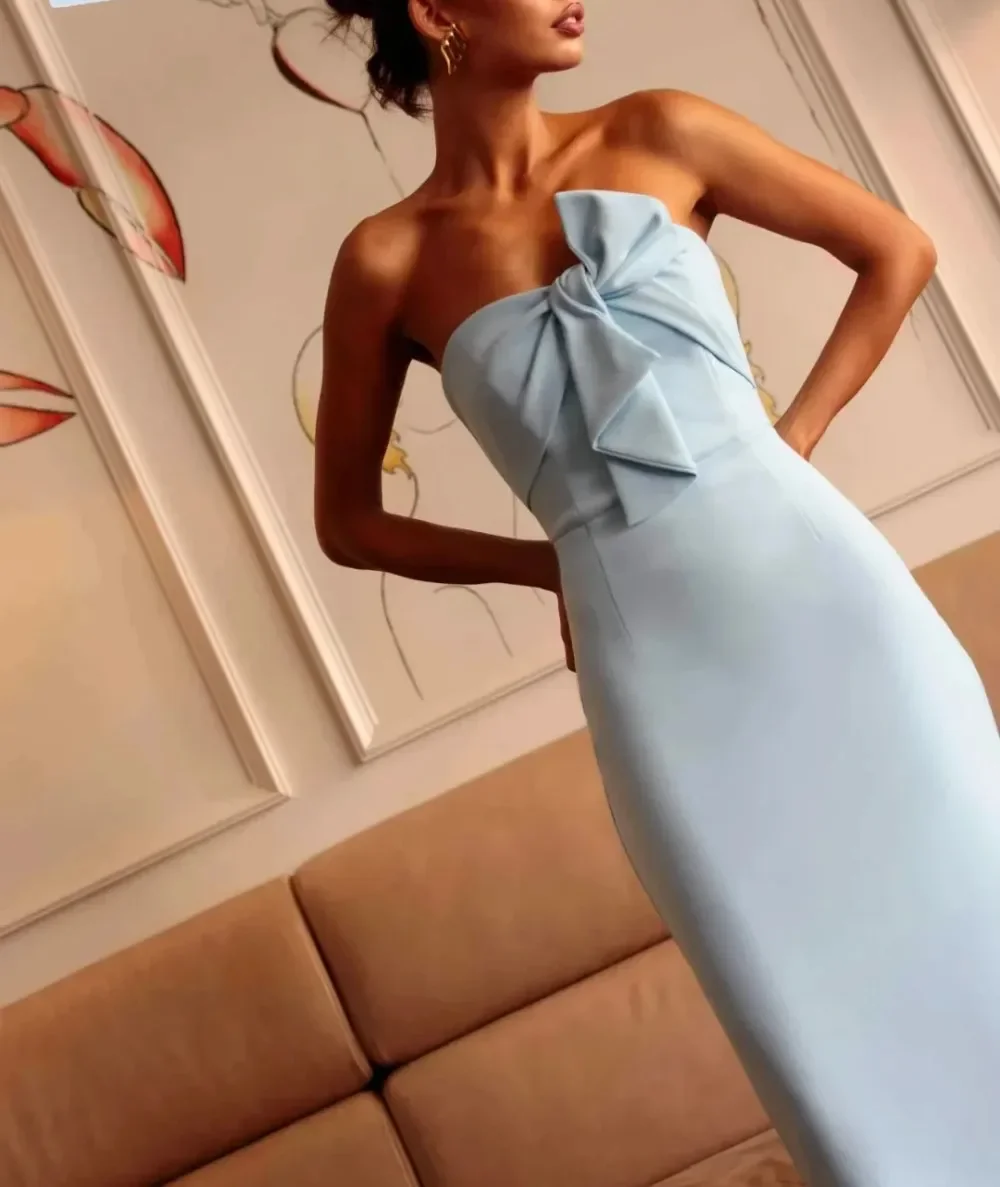 

Gorgeous Baby Blue Evening Dress 2026 Strapless Pleated Mermaid Soft Satin Long Prom Formal Gown Celebrity Wear Robe De Soiree