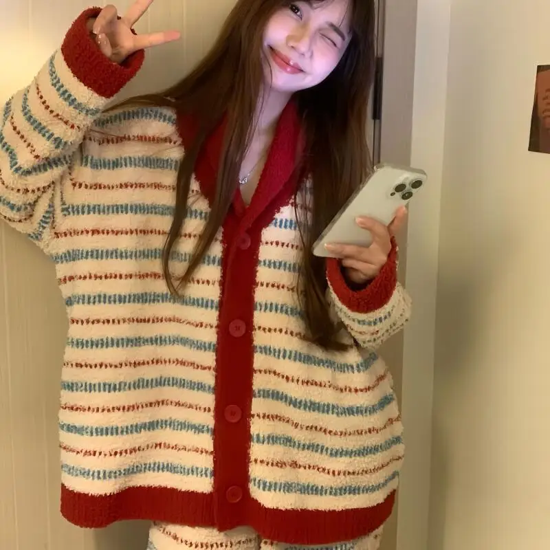 

Hot Girl Velvet Stripe Pajamas Sets Princess Sweet Long Sleeved Pants Keep Warm Autumn Winter Clothes Outside Sleeping Wear New